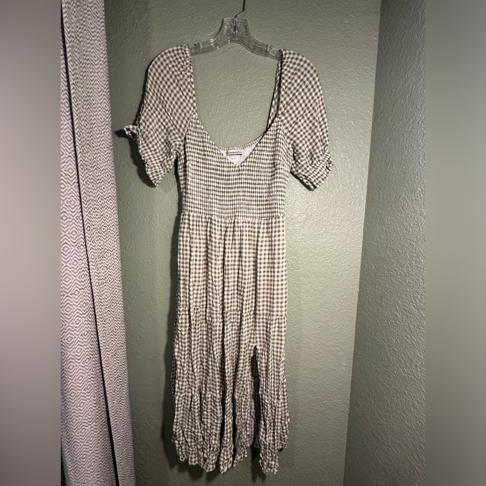 Abercrombie & Fitch Olive and White Gingham Midi Dress